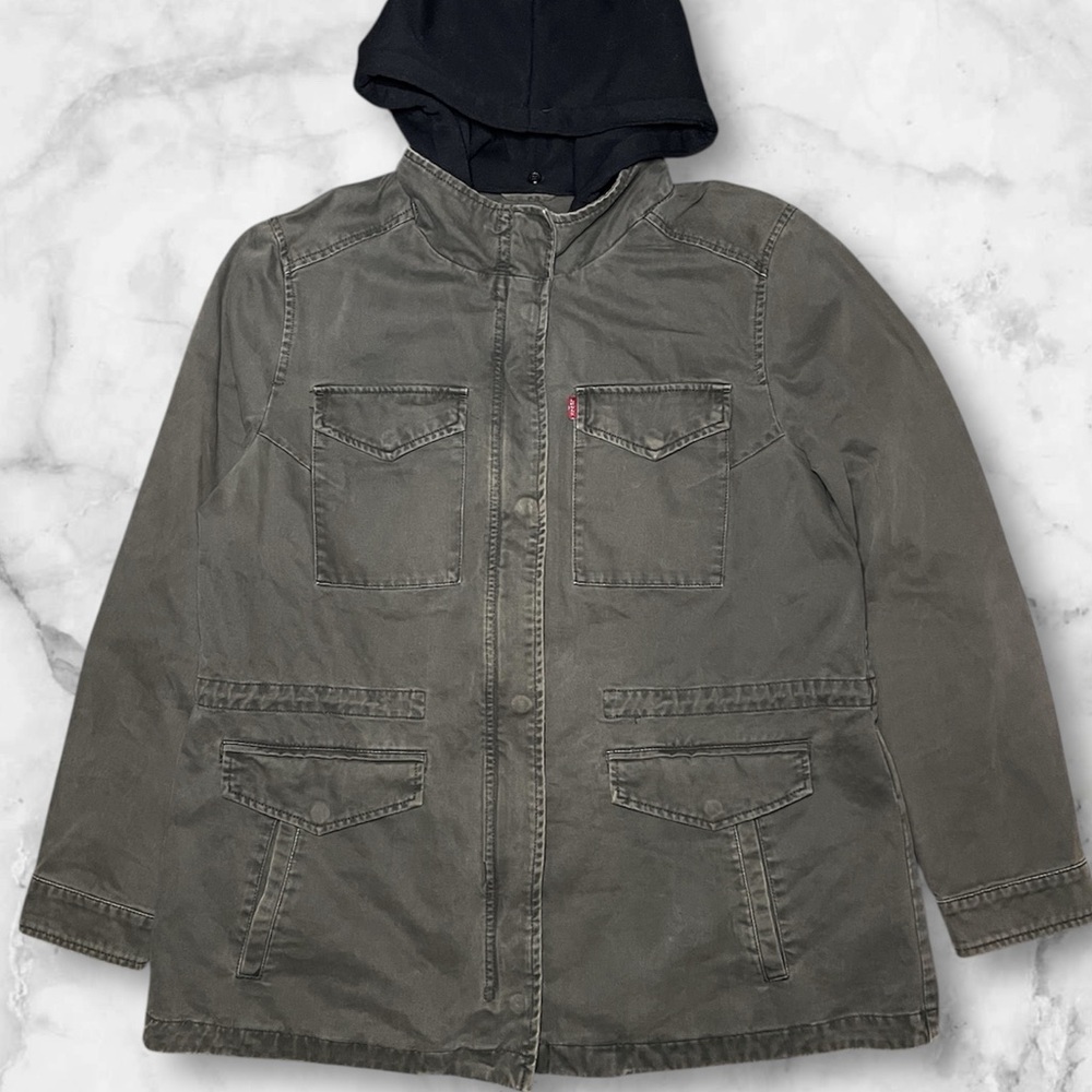 LEVIS Womens XL Jacket Military Parka Gray Denim Hooded Removable Hood X Large